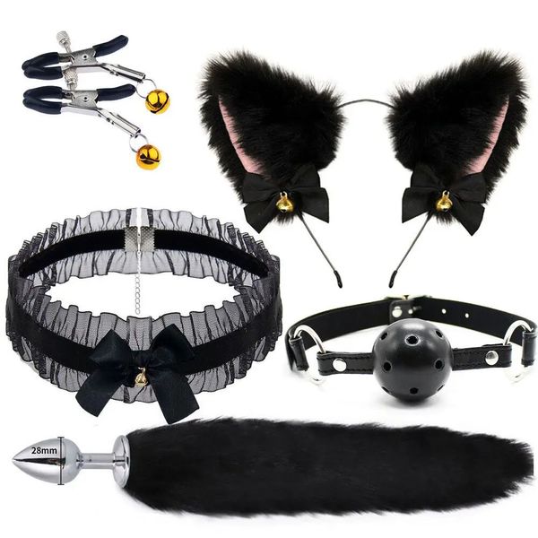 Fox Tail Anal Plug Métal Butt Plug Queue Chat Oreilles Bandeaux Cloche Collier Bouche Bouchons Érotique Cosplay Ensemble Jouets Intimes pour Couples 240105