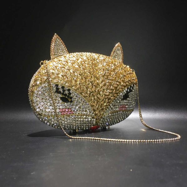 Sac à main en diamant d'eau Fox avec sac de dîner en métal et cristal creux, sac incrusté de diamant fait à la main, sac à main pour femmes 240221