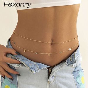 Foxanry 1 pc's eenvoudige geometrische hanger dubbellaags buik taille keten voor vrouwen vintage natuursteen lichaam sieraden geschenken