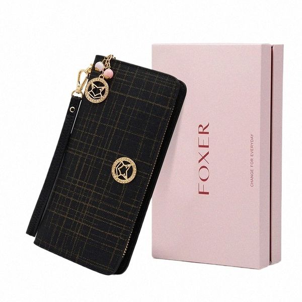 Foxer Lady Purse Split Leather LG Wallet's Femme's Carte Holder Antift Theft Zipper Lady Clutch with Wriststrap mey sac COIN COIN F98T #