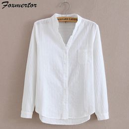 Foxmertor 100% Camisa de algodón Blusa blanca BLUSIA Autumn Camisas Mujeres Mujeres de manga larga Tops informales de bolsillo sólido #66240402