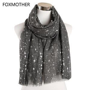 Foxmother Herfst en Winter Roze Navy Star Print Sjaal Vrouwen Folie Sliver Hijab Sjaals Glitter Galaxy Sjaal Wrap Dames 2019