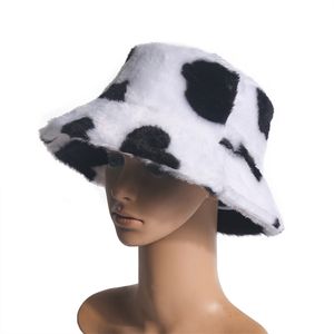 Foxmother Fashion Faux Fur Cow Print Bucket Hats Dames Winter Panama Fisherman Caps Gorra 201019