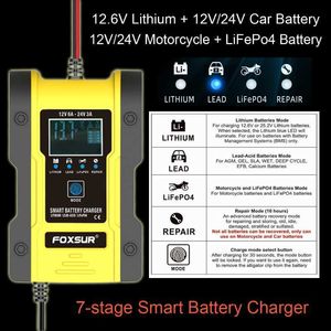 Foxsur 12V 24V 6a auto-batterijladerpulsreparatie 7-fasen voor gel natte AGM 12.6V lithium lifePo4 lipo batterij