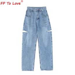 Fp to love woman design jeans lente herfst straat stijl gescheurd gesneden volledige lengte hoge taille lichtblauwe rits brede pant broek 211129