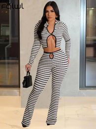 FQLWL Black White Striped Crop Top Pants Set Vacation Casual para mujeres 2023 Winter manga larga Forycon 2 Sets 231220