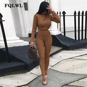 Fqlwl casual warme kattented winter pak vrouwen outfits o nek zwart roze lange mouw 2 stuk set vrouwen trui top + gebreide broek Y0625