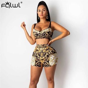 FQLWL Print Two Piece Set Women Club Outfits sin mangas Backless Sexy Crop Top y Shorts Women Suit Ladies Matching Sets Mujer T200903