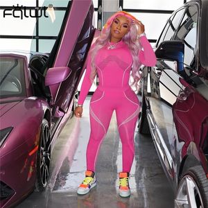 FQLWL Streetwear 2 Deux Pièces Ensemble Femmes Rose Tenues À Manches Longues T-shirt Leggings Moulante Survêtement Femme Dames Ensembles Assortis T200826