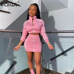 FQLWL Streetwear deux pièces ensemble femmes costumes été Club néon rose tenues 2 pièces jupe ensemble survêtement femme dames correspondant ensembles T201e