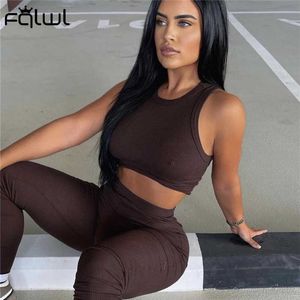 FQLWL Streetwear blanc marron 2 deux pièces ensemble femmes tenues été haut court et pantalon ensemble costume survêtement femmes ensembles assortis 2021 Y0625