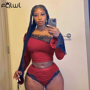 FQLWL Zomer Bodycon Clubwear 2 Tweedelige Set Vrouwen Outfits 2021 Off Shoulder Crop Top Lace Shorts Sets Sexy Red Matching Sets X0709