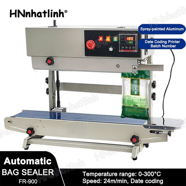 FR-900 Sellador automático de bolsas pintadas con aerosol Paquete de plástico Papel de aluminio Máquina selladora Doypack Impresora de codificación de fecha Número de lote Azul