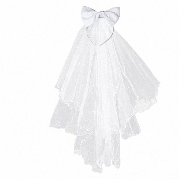 Fr Girl Veaux Bridal White Wedding Bridal Veils First Communip Hair Couron avec un arc pour la mariée Mariage des actions de mariage R8BS #