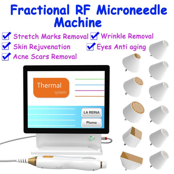 Sistema fraccional Eliminador de cicatrices Estiramiento de poros Microneedling RF Estiramiento de la piel Máquina de estiramiento facial 11 cabezales intercambiables