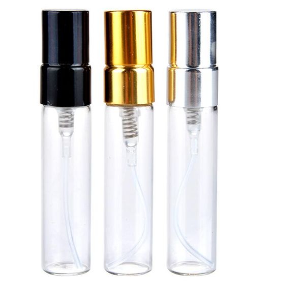 Fragancia 5ML 10ML Botella de spray de vidrio transparente Atomizador de perfume recargable transparente vacío con tapa de plata dorada Viales de vidrio de muestra b706