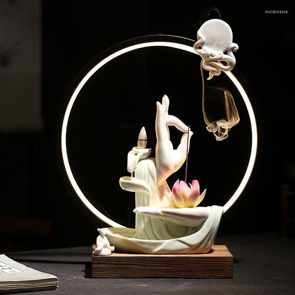 Lampes à parfum Bouddha Main Refoulement Brûleur D'encens Avec Lumière LED Fumée Cascade Bâtons Titulaire 20 Pcs Cône Décor À La Maison Encensoir En Porcelaine