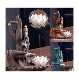 Geurlampen Boeddha hand wierookstokken houder lotus achterstroom brander paarse zand rook waterval keramische censuer decoratieve boeddha dhjl4