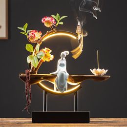 Lampes de parfum Céramique Dames Fleur Cascade Backflow Brûleur d'encens avec LED Bouddha Zen Salon Cônes Porte-bâton D322i