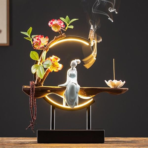 Lampes de parfum Céramique Dames Fleur Cascade Backflow Brûleur d'encens avec LED Bouddha Zen Salon Cônes Porte-bâton D335j
