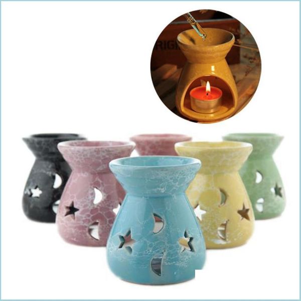 Lampes à parfum Poêle d'aromathérapie créatif lampes à huile en céramique étoiles creuses motif de lune parfum essentiel bougie brûleurs d'encens B Dhjs5