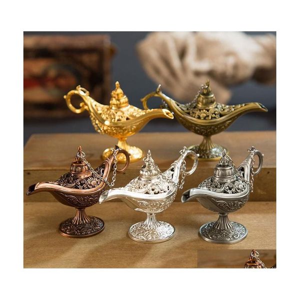 Lampes à parfum Excellent conte de fées Aladdin Magic lampe encens Brûleur vintage rétro Ta Pot Genie Aroma Stone Home Ornement Metal C DHQN1