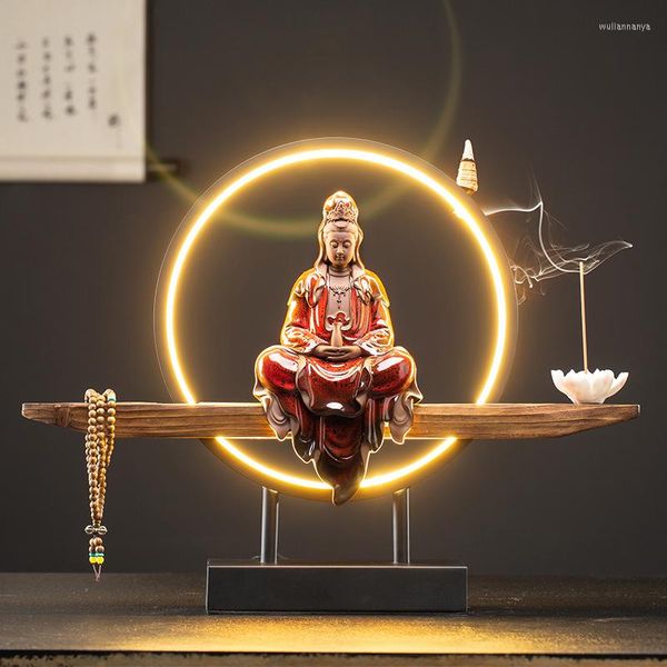 Lampes de parfum Guanyin Bodhisattva Statue Backflow Porte-brûleur d'encens avec 20 cônes PC Style chinois Céramique Zen LED Décoration d'éclairage