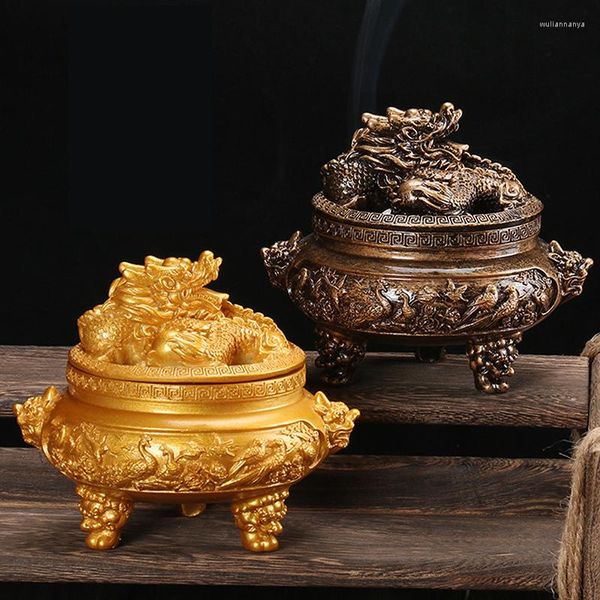 Lampes de parfum Brûleur d'encens de qualité supérieure avec couvercle Antique Bronze Cuivre Dragon chinois Porte-Décoration créative de la maison