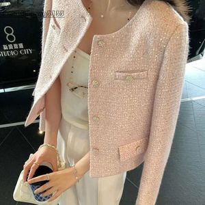 Pragance Sequin Small Coat Tweed Tempérament Elegant Temperment Femme Tops Automne Corée Chic Pink O Vestes Neck Vestes Femme 240201