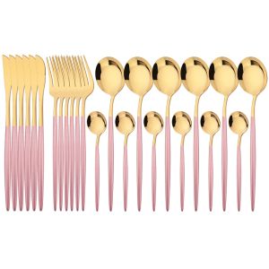 Cadre 24 pièces ensemble de vaisselle en or rose ensemble de couverts en acier inoxydable couteaux fourchettes cuillères à thé ensemble de dîner vaisselle de cuisine ensemble de vaisselle en argent