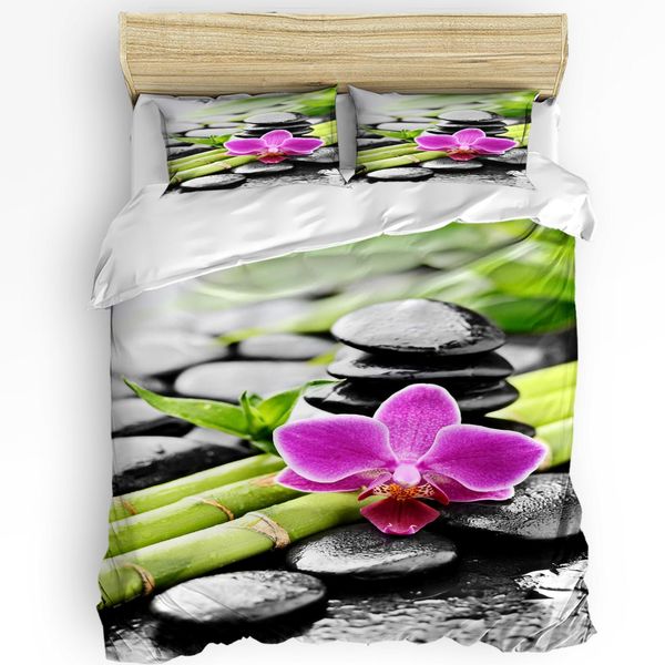 Cadre Orchidée Dewdrop Zen Pierre Flèche Bambou 3 pièces Ensemble de Literie pour Chambre Lit Double Maison Textile Housse de Couette Housse de Couette Taie d'oreiller