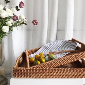 Frame retangle rieten bak picknick mand brood voedsel bord fruit cake sundries doos handgeweven rattan schotel opslagmand
