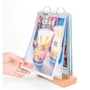 Cadre en bois Base PVC Pages Gouchons Bureau publicitaire Affiche alimentaire Affiche Affichage de la table de restauration Table Menu support Stand Bookbook Photo Album