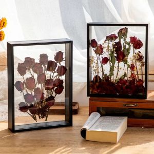 Marco Marco de fotos de vidrio de madera Soporte para tarjetas fotográficas Kpop Soporte de flores secas transparentes Soporte de exhibición para carteles Decoración de escritorio para sala de estar