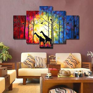 Framed 5 Panel Grote Wall Art Handgeschilderde Moderne Landschap Canvas Olieverf Set Home Woonkamer Decor Picture Giraffe AMF8