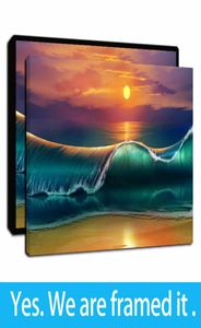 Oeuvre encadrée Colorful Sunset Ocean Waves Beach Landscape Painting Paintings Imprime sur toile Mur Art Picture Painttes Poster pour HOM8969280