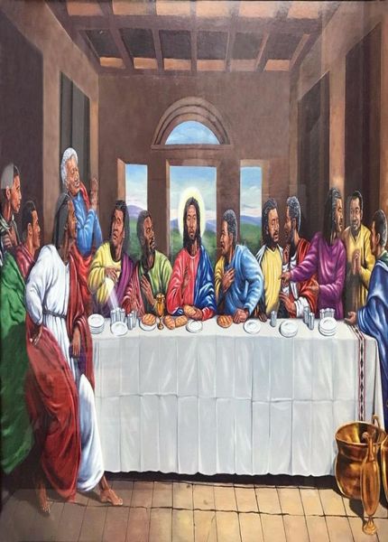 Enmarcado Negro Afroamericano Última Cena Jesucristo Arte Pintura al óleo pintada a mano de alta calidad Sobre lienzo Múltiples tamaños Fm0022589117