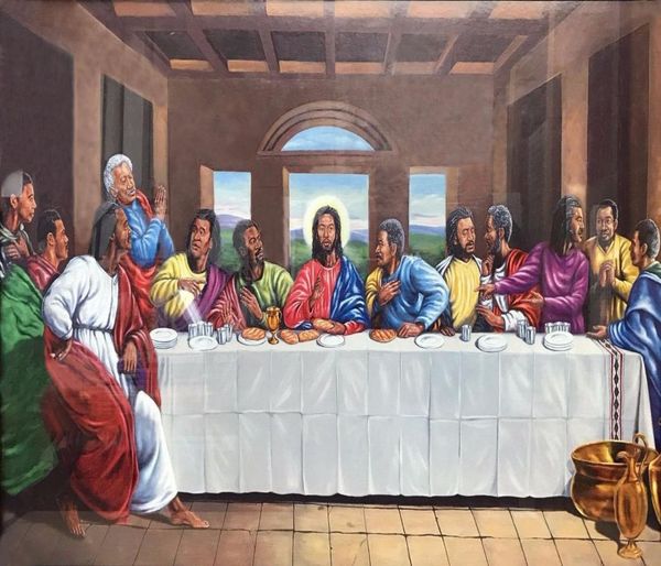 Ingelijste zwarte Afro-Amerikaanse laatste avondmaal Jezus Christus kunst hoge kwaliteit handgeschilderd olieverfschilderij op canvas meerdere maten Fm0027975806