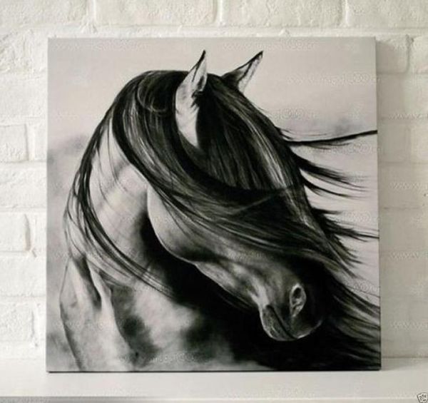 Cheval blanc noir encadréPure peint à la main contemporain WALL DECOR Art Peinture à l'huile sur toile de haute qualitéMulti tailles disponibles m3678397