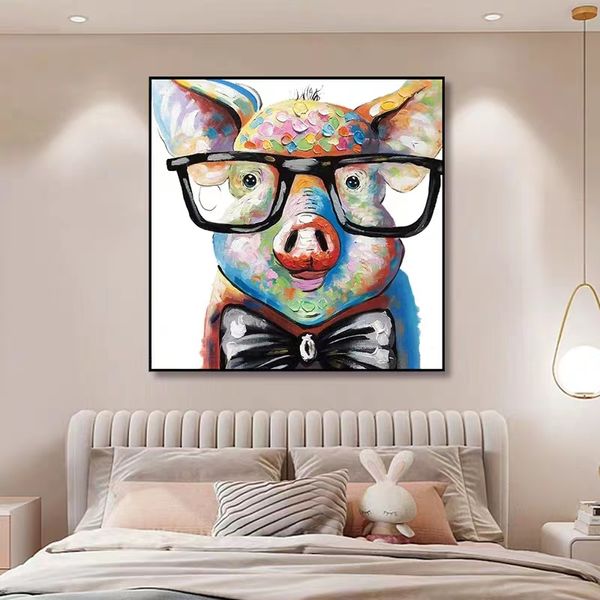 Pintura de animales de dibujos animados enmarcada con gafas, cerdo, 100% pintado a mano, decoración del hogar para sala de estar, arte en lienzo Pop A 800