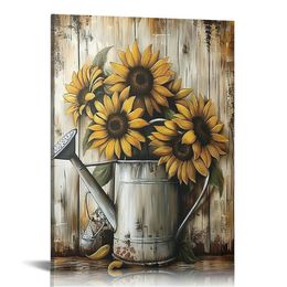 Ingelijste bloemen canvas muurkunst gele zonnebloem en roestig water kan op vintage houten graan fotoafdrukken voor woonkamer slaapkamer thuis decor klaar om op te hangen
