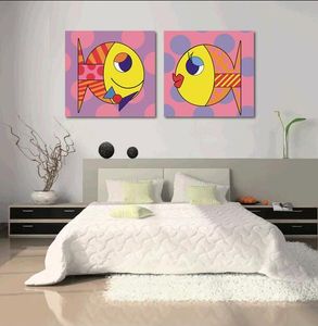 Encadré à la main peint peint animal toile peinture huile de dessin animé poisson poisson décor mur mur art moderne peinture abstrait md0106