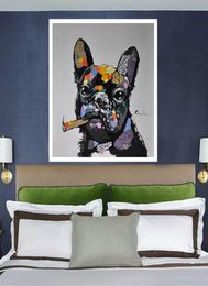 Enmarcado puro pintado a mano moderno arte animal abstracto pintura al óleo perro fumando un cigarro en lienzo de alta calidad para la decoración de la pared del hogar Mul7761500