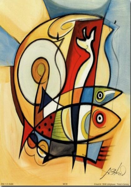 Sun Fish enmarcado Alfred Gockel de alta calidad Arte abstracto de alta calidad Pintura al óleo La decoración del hogar en el tamaño del lienzo se puede personalizar1085207