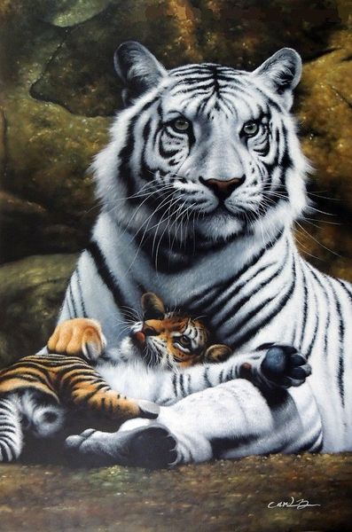 Encadré Blanc Tigre Mère Bébé Cub Grands Chats Peint À La Main Art Animalier Peinture À L'huile Sur Toile Musée Qualité Multi tailles J040