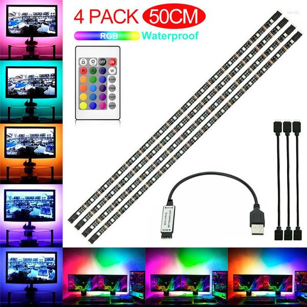 Marcos 4x50cm impermeable TV retroiluminación Led tira RGB 5V USB cinta DIY colorido 30LEDS/M SMD Flexible con 24 teclas Control remoto