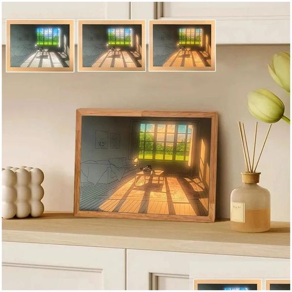 Marcos y molduras Marco Pintura Luz LED Imagen Japón Decorativo Simate Sunshine Ding Noche Lámpara de mesa para el hogar Entrega de gotas Jardín DHXZL