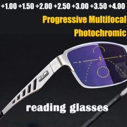 Frames automatische aanpassing fotochrome multifocale leesbril mannen progressieve antiblue ray business brils halfframe +4.0