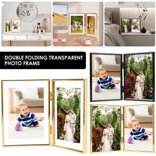 Frames Cadre d'image double 7 x 5 pouces à charnière 2 POS Bureau avec verre pliant PO vertical