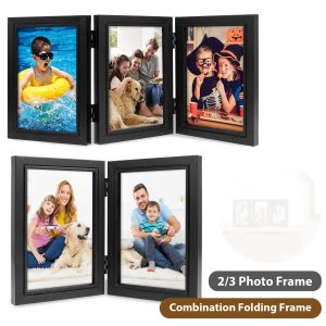 Frames Cadre photo double / triple 180 ° Stand de cadre d'image à charnière pliable avec cadre photo noir avant en verre pour cadeaux d'anniversaire de bureau